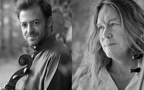 Black-and-white portraits of cellists Jake Charkey and David Downing, featured artists for the Cello Spectrum concert.