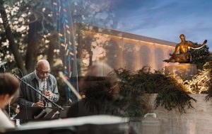 A blended image showing a musician playing saxophone outdoors and a sunset view of Lincoln’s Sculpture Garden featuring a bronze statue.