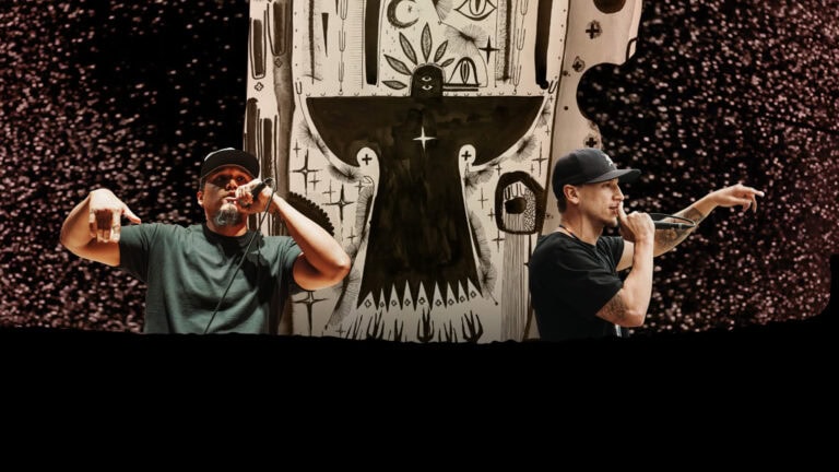 A collage image of two hip hop artists with microphones and Indigenous-themed artwork in the background.