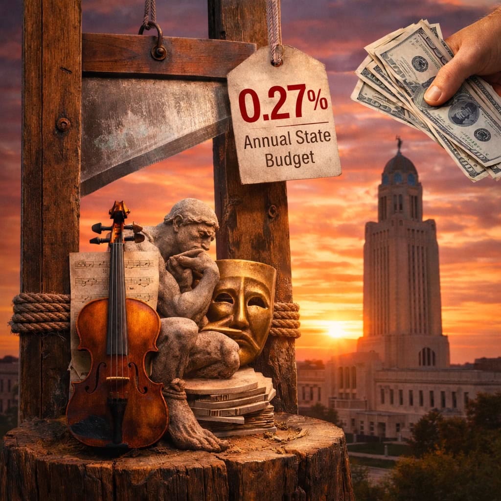 A guillotine hangs over a violin, sculpture and theater mask with the Nebraska State Capitol in the background. A hand with cash pulls away on the right side.